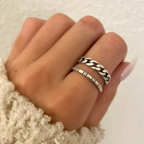 925 Sterling Silver Double Layer Minimalist Ring Dainty Chain Link Ring Band - Picture 1 of 6